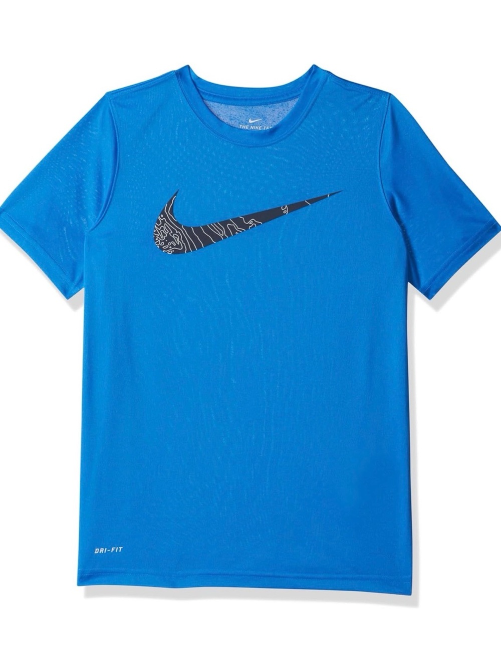 Nike Boys Dri-FIT Blue Athletic T‑Shirt with Black Patterned Graphic Swoosh